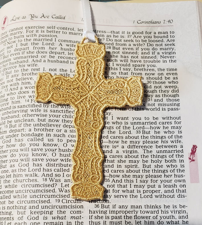 Small Lace Cross bookmark on Bible page