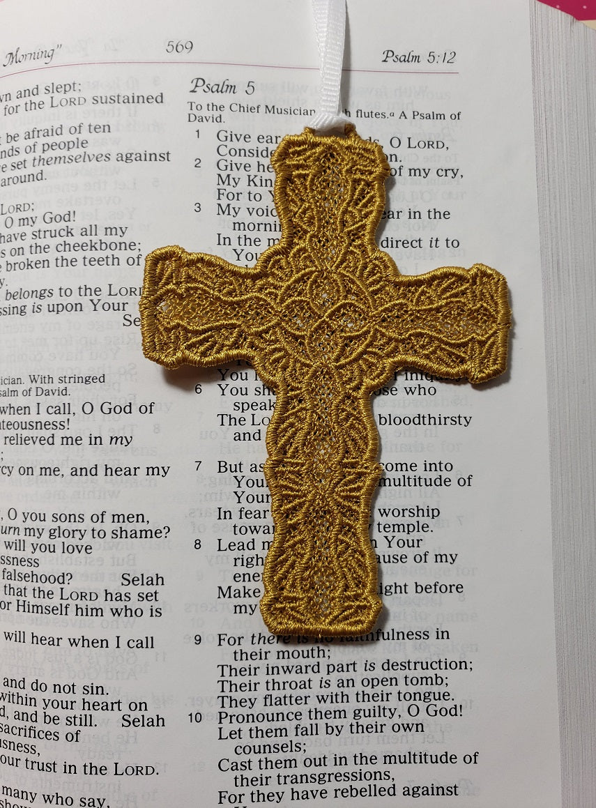 Small Lace Cross bookmark on Bible page