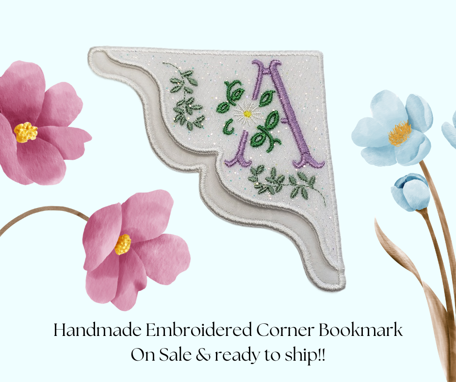 Monogrammed Daisy Corner Bookmark on White felt with Iridescent Pink Glitter Tulle with a White Daisy, Light Lilac initial with a White border