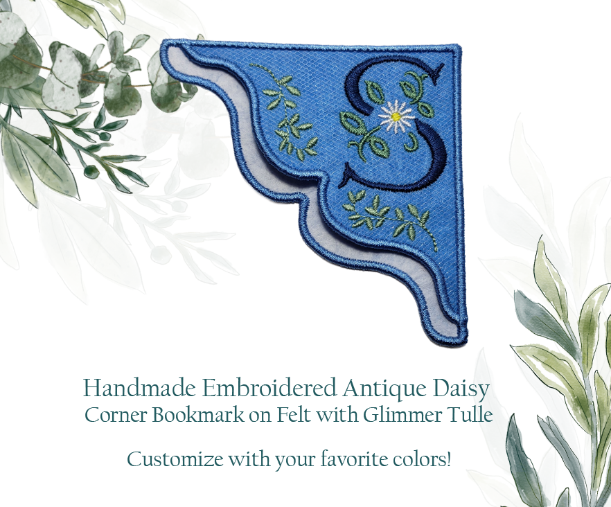 Customizable Corner Bookmark on Felt with Glimmer Tulle in an Antique Daisy Monogrammed Design