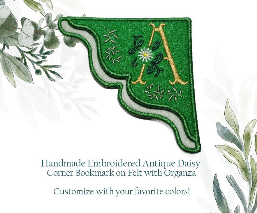 Customizable Corner Bookmark on Felt with Organza in an Antique Daisy Monogrammed Design