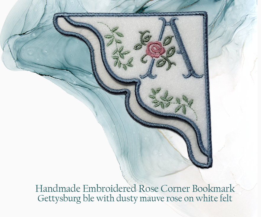 Antique Rose Monogrammed Embroidered Corner Bookmark in Gettysburg Blue on White Felt