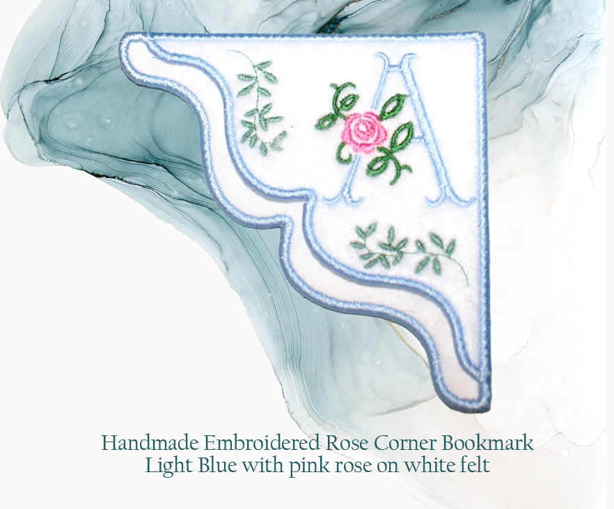 Antique Rose Monogrammed Embroidered Corner Bookmark in Light Blue on White Felt