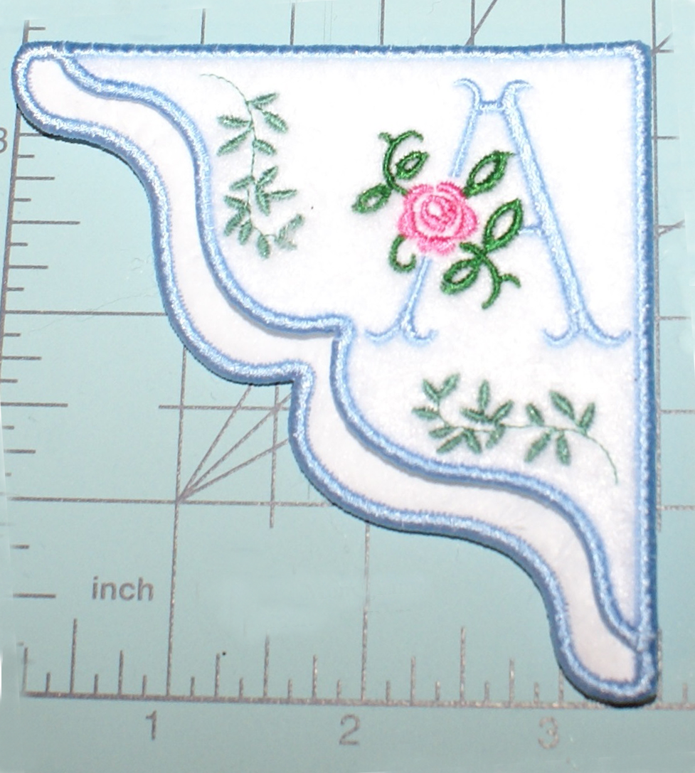 Antique Rose Monogrammed Embroidered Corner Bookmark in Light Blue on White Felt