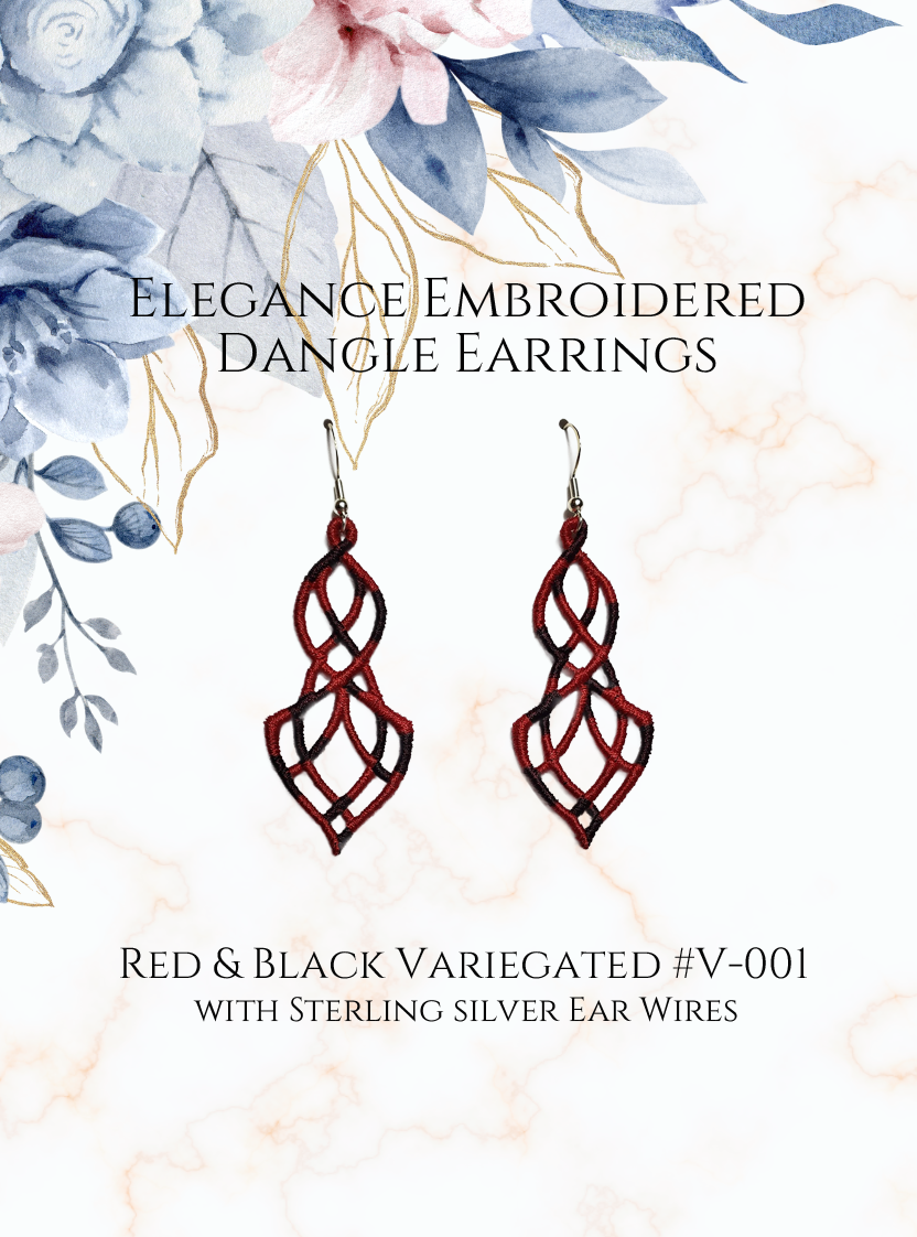 Lightweight Elegance Embroidered Dangle Earrings in Variegated Red and Black #V-001 with sterling silver ear wires on a white and gold and blue flowers in upper corner background image