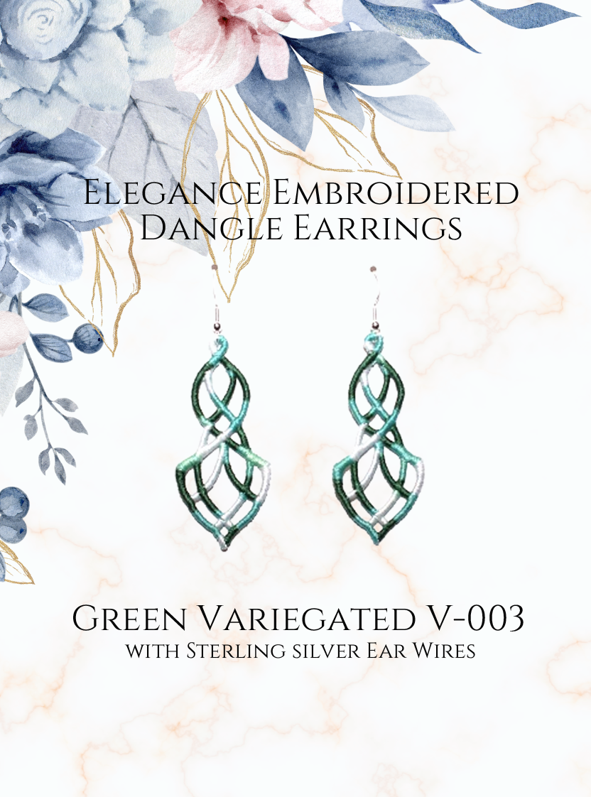 Lightweight Elegance Embroidered Dangle Earrings in Variegated Green and White #V-003 with sterling silver ear wires on a white and gold and blue flowers in upper corner background image