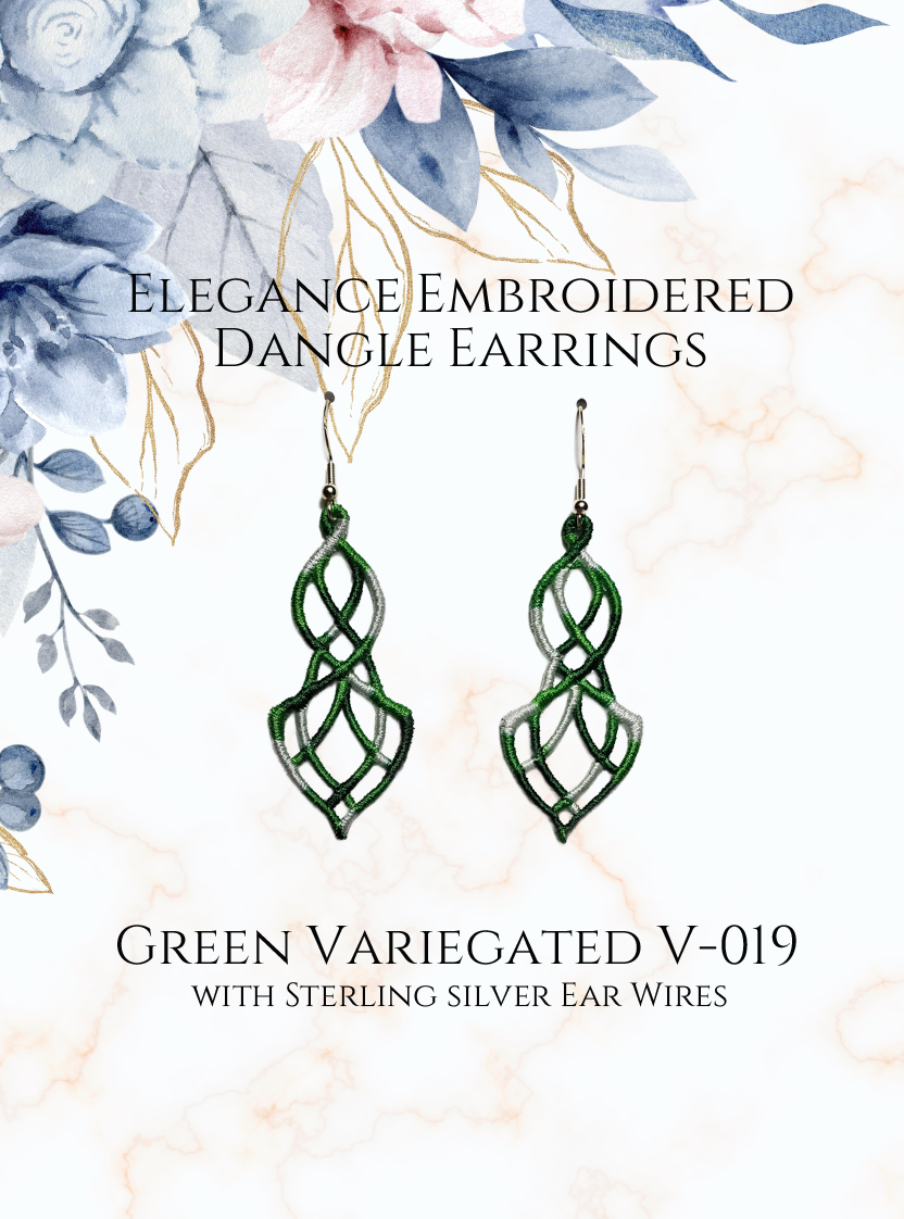 Lightweight Elegance Embroidered Dangle Earrings in Variegated Green and White #V-019 with sterling silver ear wires on a white and gold and blue flowers in upper corner background image