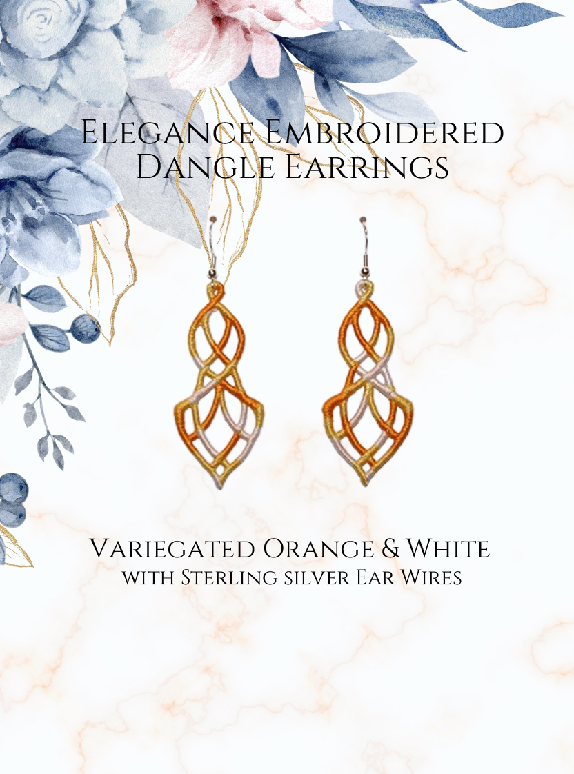 Lightweight Elegance Embroidered Dangle Earrings in Variegated Orange and White with sterling silver ear wires on a white and gold and blue flowers in upper corner background image