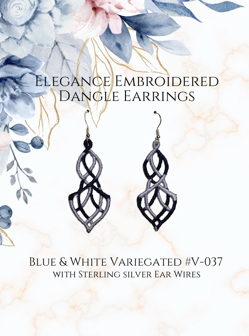 Lightweight Elegance Embroidered Dangle Earrings in Variegated Blue and White #V-037 with sterling silver ear wires on a white and gold and blue flowers in upper corner background image