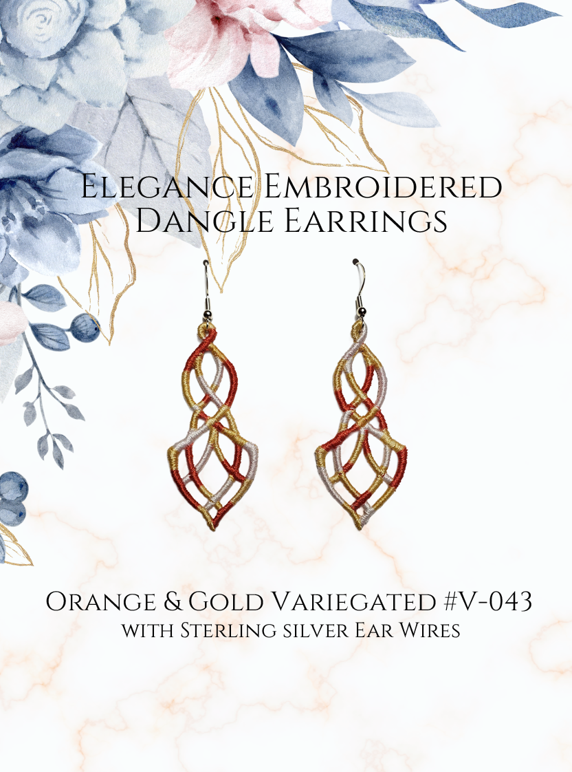 Lightweight Elegance Embroidered Dangle Earrings in Variegated Orange and Gold #V-043 with sterling silver ear wires on a white and gold and blue flowers in upper corner background image