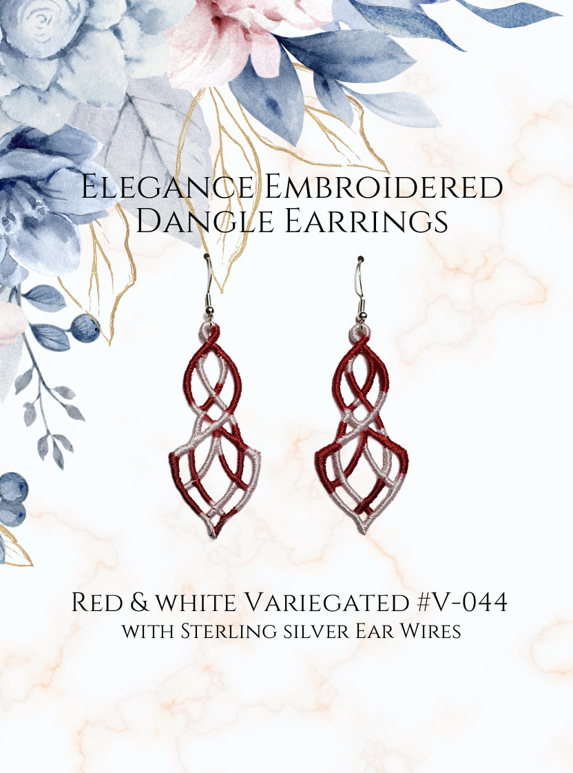 Lightweight Elegance Embroidered Dangle Earrings in Variegated Red and White #V-044 with sterling silver ear wires on a white and gold and blue flowers in upper corner background image