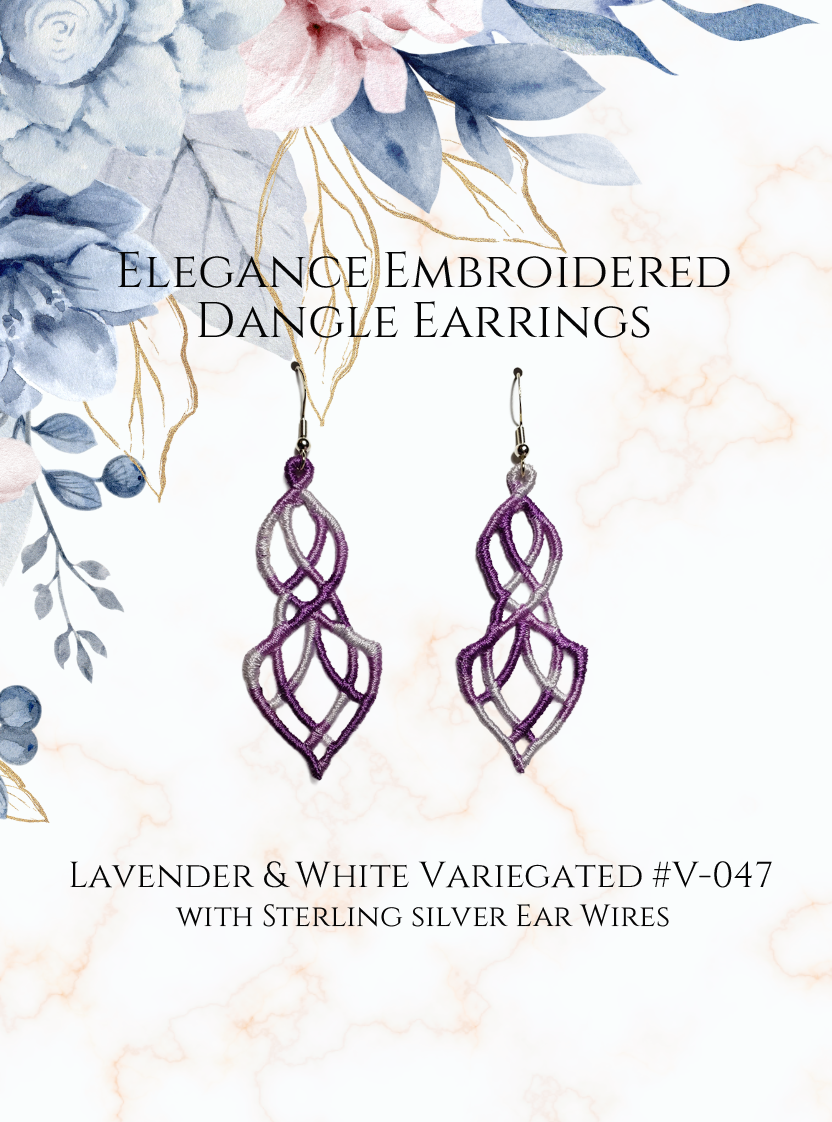 Lightweight Elegance Embroidered Dangle Earrings in Variegated Lavender and White #V-047 with sterling silver ear wires on a white and gold and blue flowers in upper corner background image