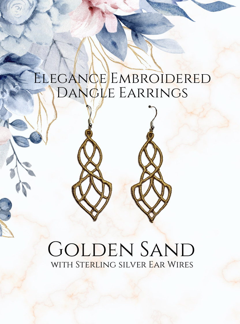Lightweight Elegance Embroidered Dangle Earrings in Golden Sand with sterling silver ear wires on a white and gold and blue flowers in upper corner background image