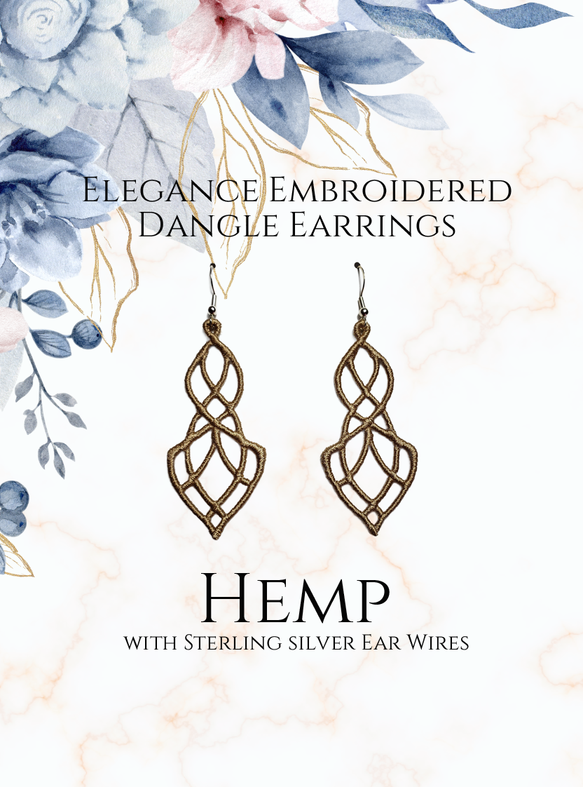 Lightweight Elegance Embroidered Dangle Earrings in Hemp with sterling silver ear wires on a white and gold and blue flowers in upper corner background image