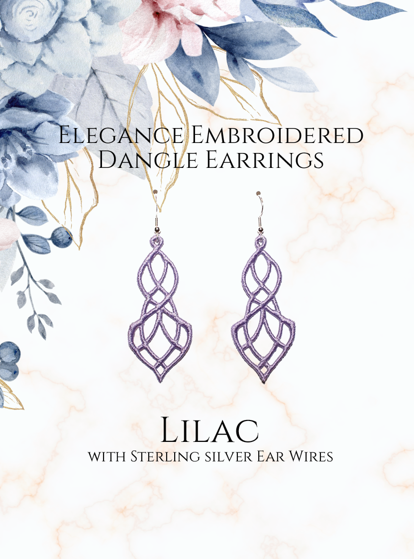 Lightweight Elegance Embroidered Dangle Earrings in Lilac with sterling silver ear wires on a white and gold and blue flowers in upper corner background image
