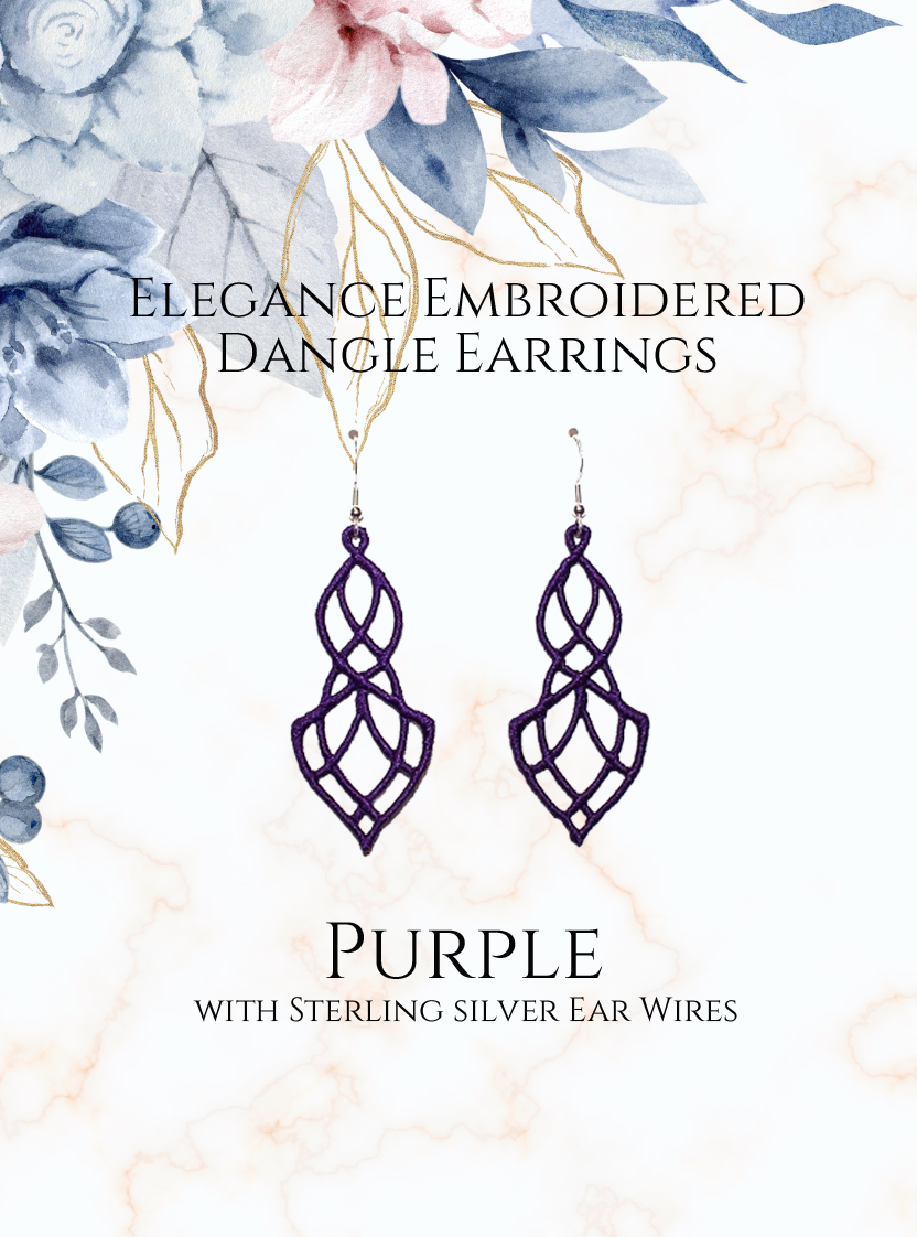 Lightweight Elegance Embroidered Dangle Earrings in Purple with sterling silver ear wires on a white and gold and blue flowers in upper corner background image