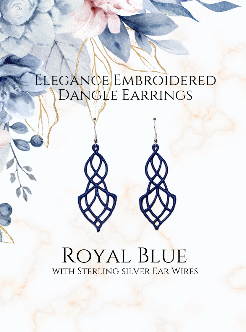 Lightweight Elegance Embroidered Dangle Earrings in Royal Blue with sterling silver ear wires on a white and gold and blue flowers in upper corner background image