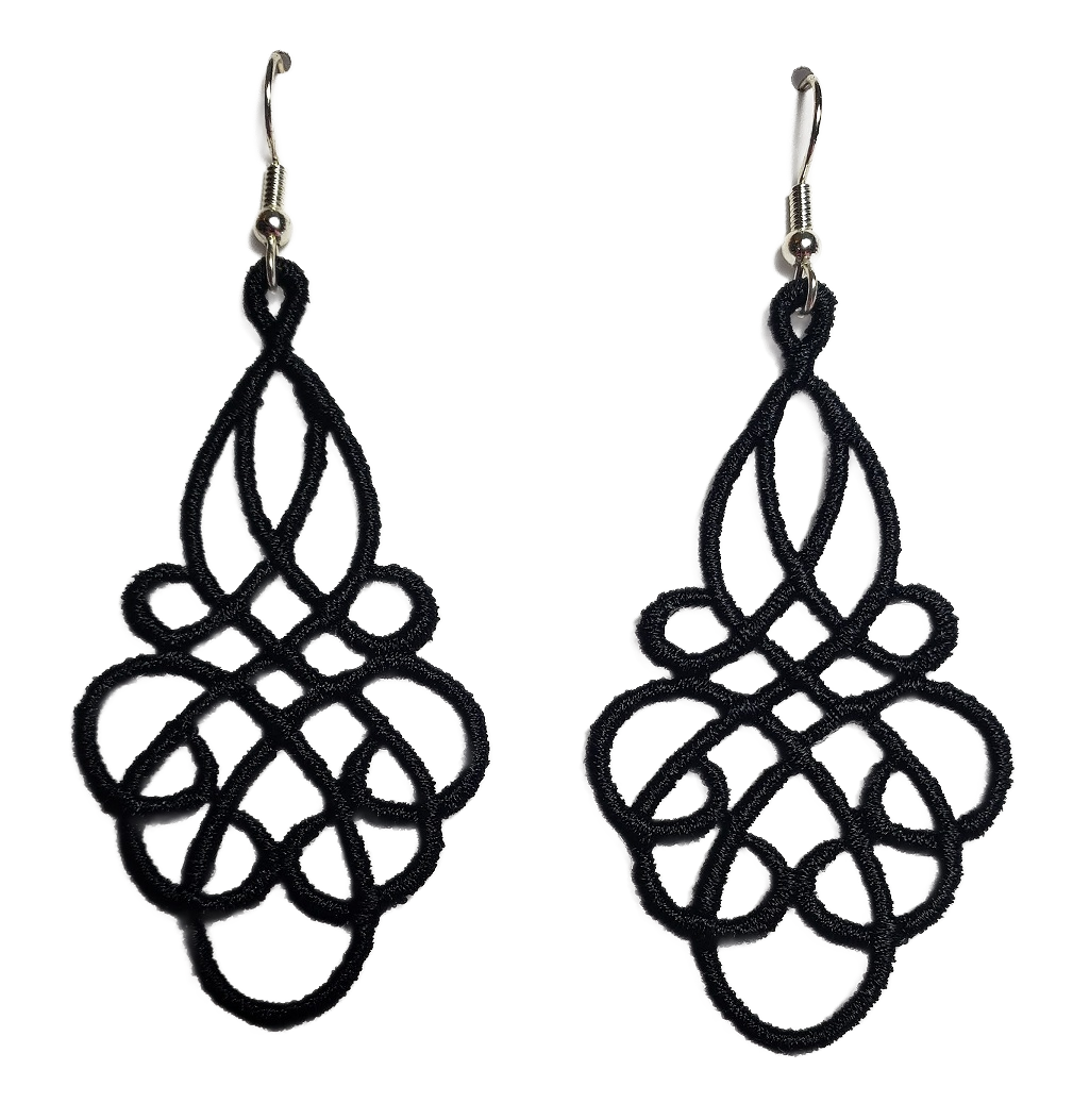 Lightweight Grace Embroidered Dangle Earrings in Black with sterling silver ear wires on a white background image