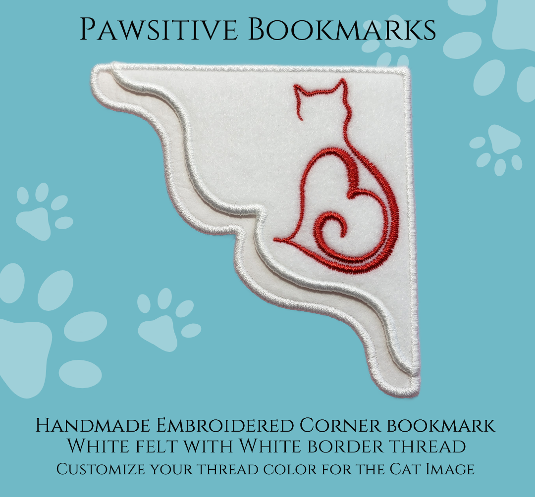A White Felt Corner Bookmark with an outline image of a Cat with a Heart with a white border