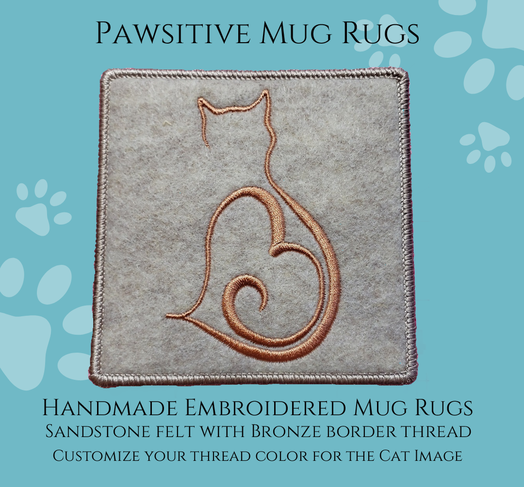 A Sandstone Felt Mug Rug with an outline image of a Cat with a Heart with a high luster bronze border