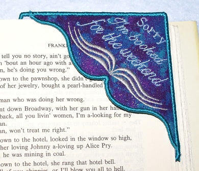 Sorry I'm Booked for the Weekend Corner Bookmark on Blue Purple Silver Glitter Cotton