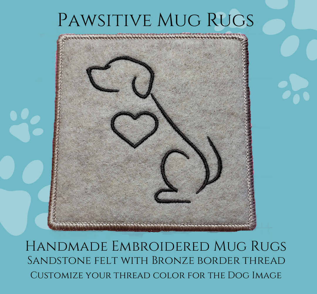 A Sandstone Felt Mug Rug with an outline image of a Dog with a Heart with a high luster bronze border