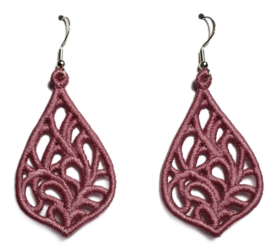 Lightweight Embroidered Exquisite Teardrop Lace Earrings in Dusty Mauve. Available with Sterling Silver ear wires.
On a white background.