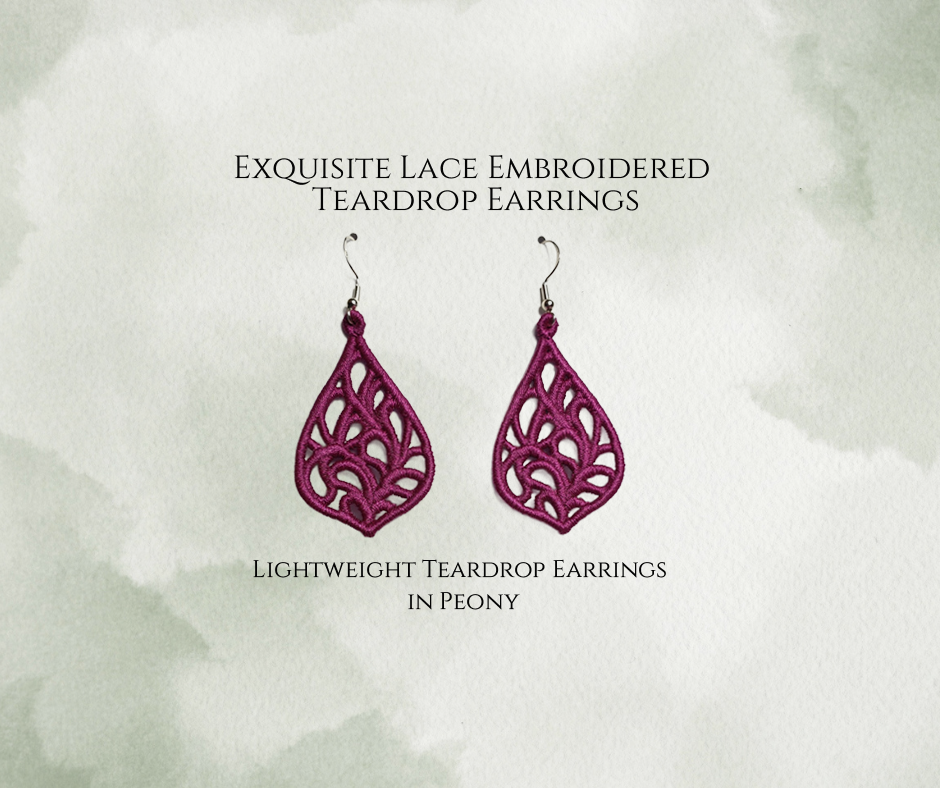 Lightweight Embroidered Exquisite Teardrop Lace Earrings in Peony. Available with Sterling Silver ear wires.
On a mottled light green background