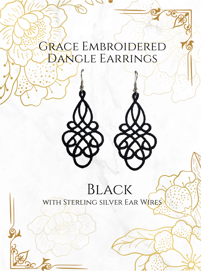 Lightweight Grace Embroidered Dangle Earrings in Black with sterling silver ear wires on a white and gold background image