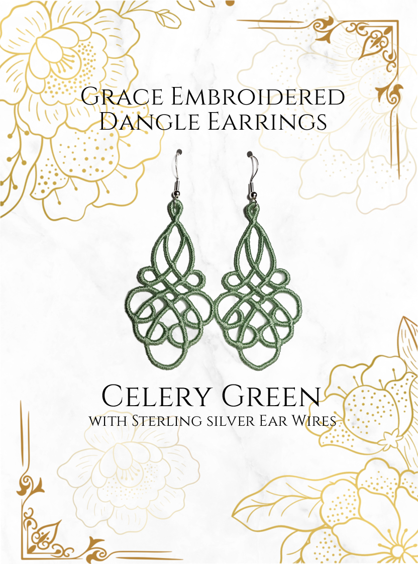 Lightweight Grace Embroidered Dangle Earrings in Celery Green with sterling silver ear wires on a white and gold background image