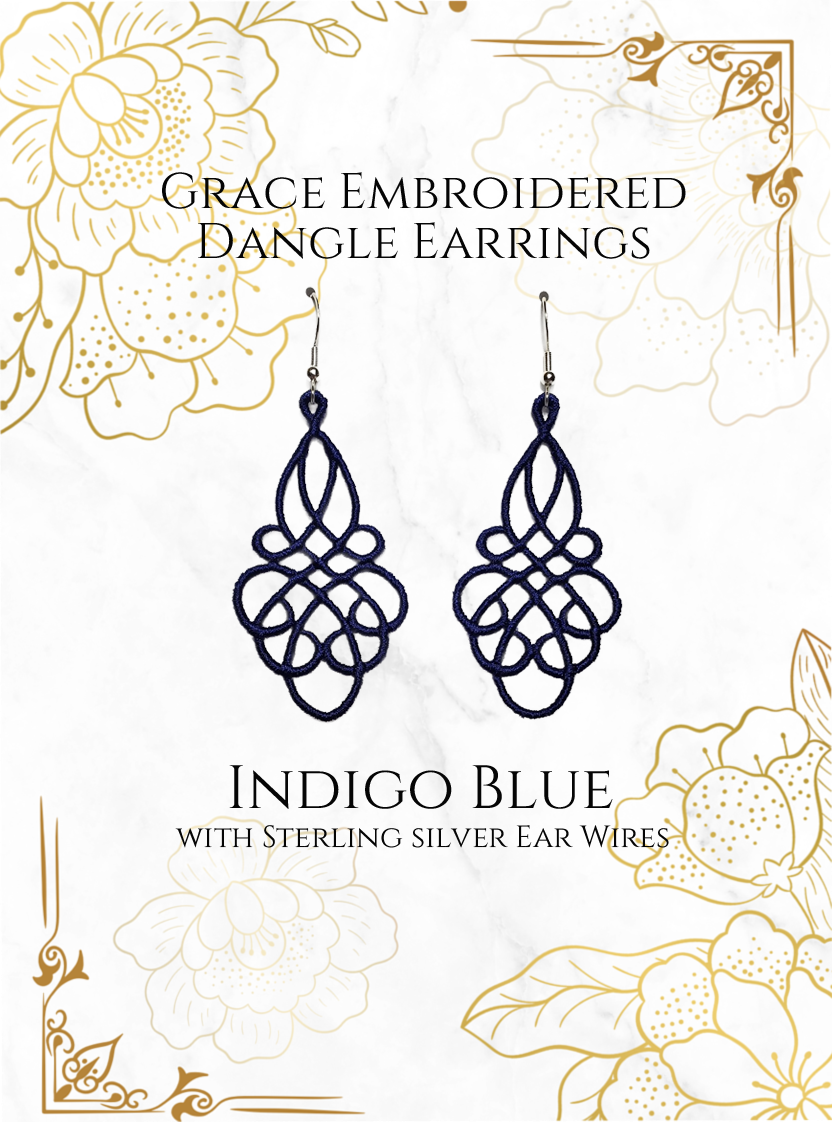 Lightweight Grace Embroidered Dangle Earrings in Indigo Blue with sterling silver ear wires on a white and gold background image