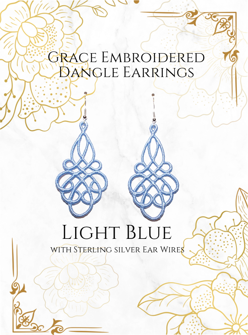 Grace Embroidered Dangle Earrings in light blue with sterling silver ear wires