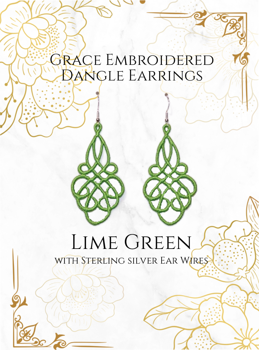 Lightweight Grace Embroidered Dangle Earrings in Lime Green with sterling silver ear wires on a white and gold background image