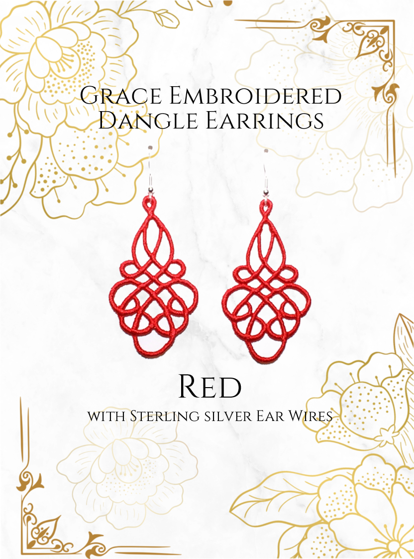 Lightweight Grace Embroidered Dangle Earrings in Red with sterling silver ear wires on a white and gold background image