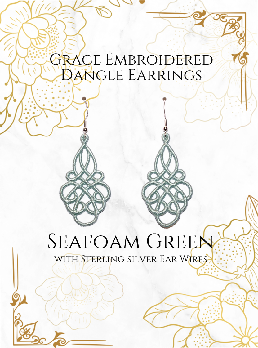 Lightweight Grace Embroidered Dangle Earrings in Seafoam Green with sterling silver ear wires on a white and gold background image