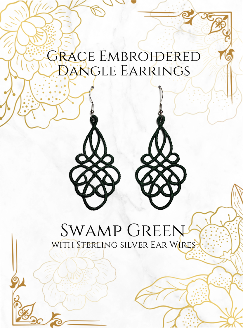 Lightweight Grace Embroidered Dangle Earrings in Swamp Green with sterling silver ear wires on a white and gold background image