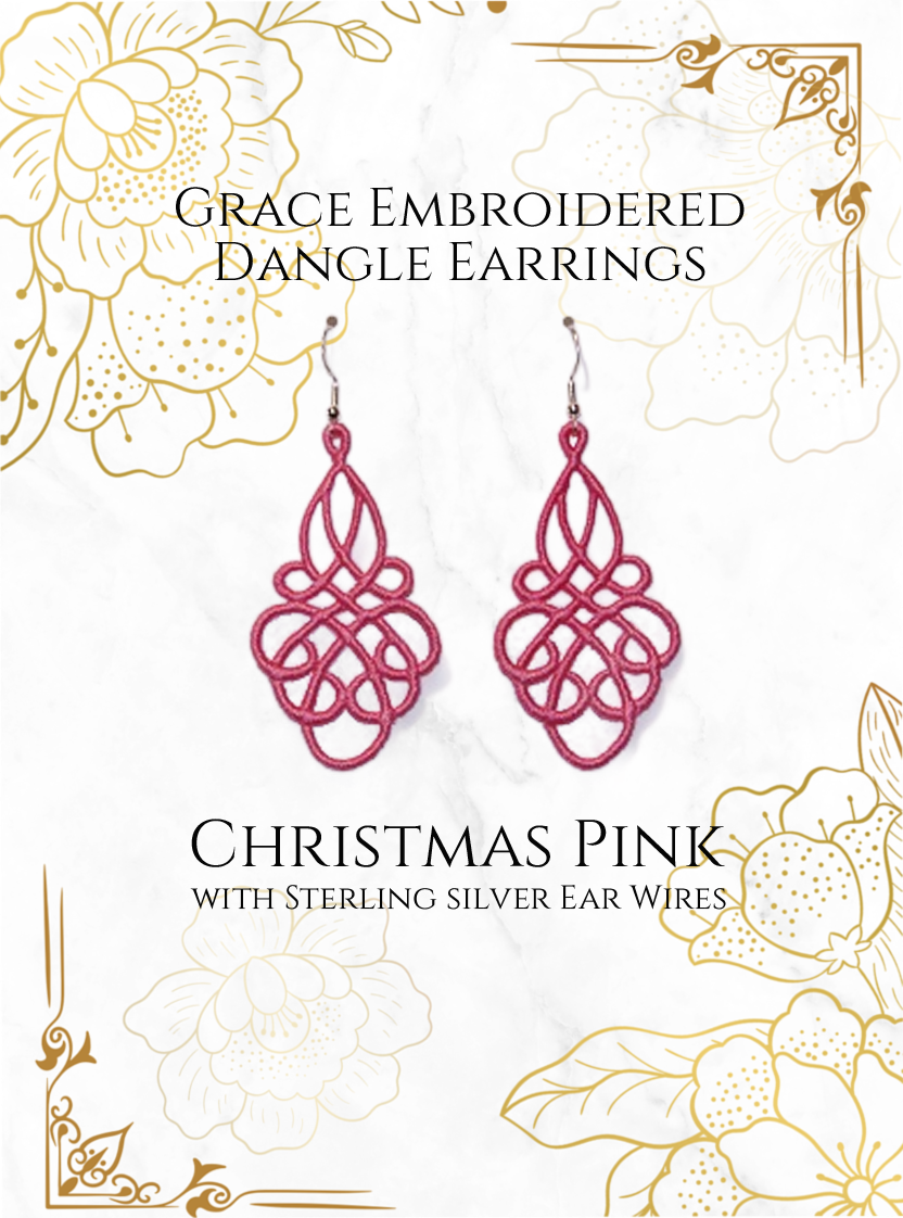 Lightweight Grace Embroidered Dangle Earrings in Christmas Pink with sterling silver ear wires on a white and gold background image