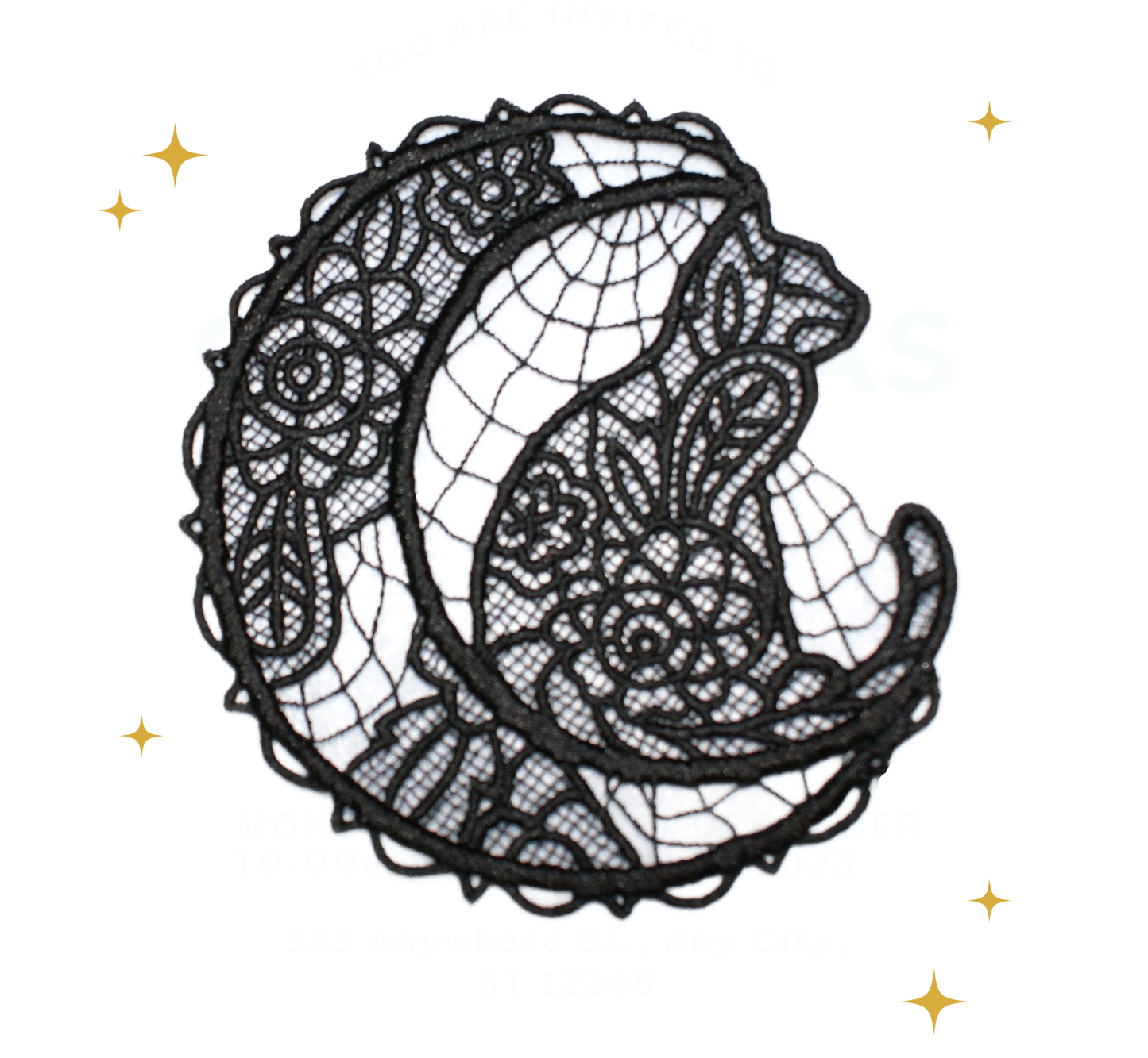 Black lace cat in moon on white background with gold stars