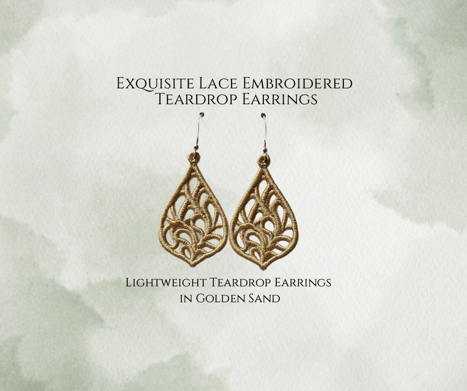 Lightweight Embroidered Exquisite Teardrop Lace Earrings in Golden Sand. Available with Sterling Silver or Sterling Silver plates Stainless Steel ear wires.