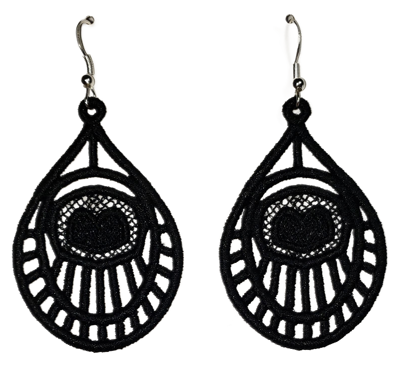 Lightweight Heart Bo-Ho Teardrop Embroidered Black Dangle Earrings with sterling silver ear wires on a white background.