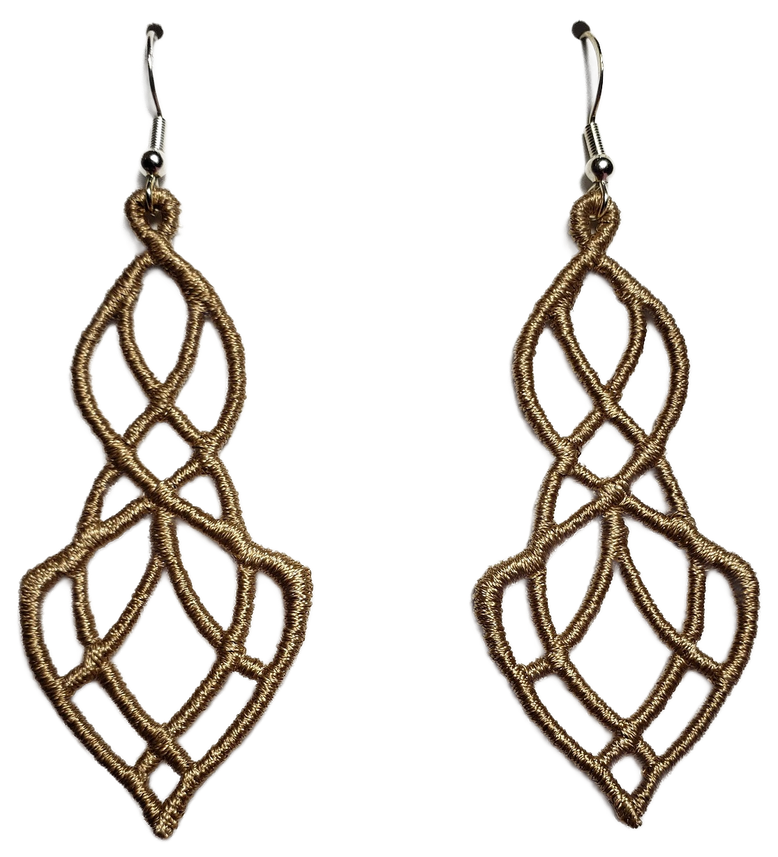 Lightweight Elegance Embroidered Dangle Earrings in Hemp with sterling silver ear wires on a white background