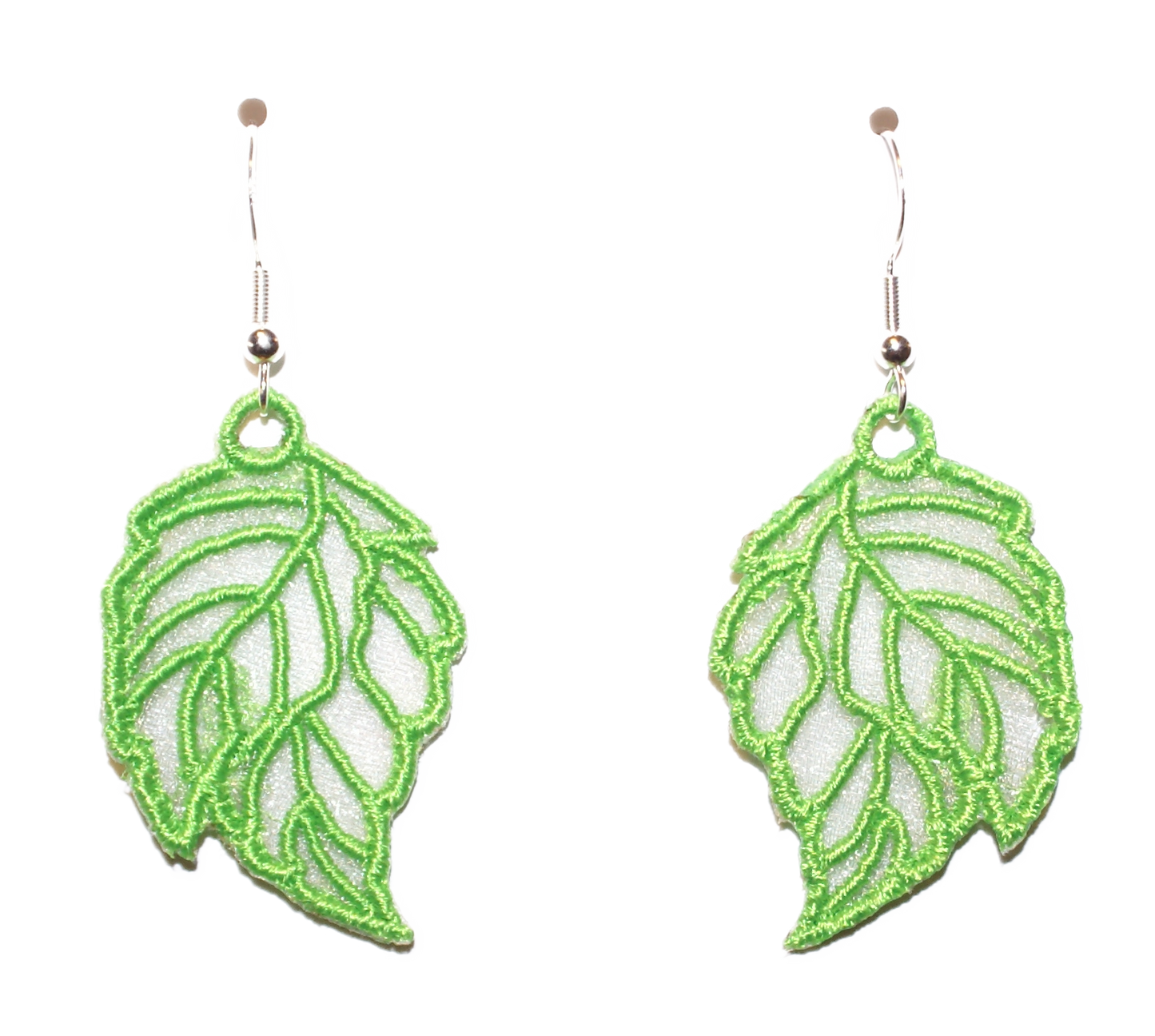 Lime Green Leaf embroidered earrings on sterling silver ear wires