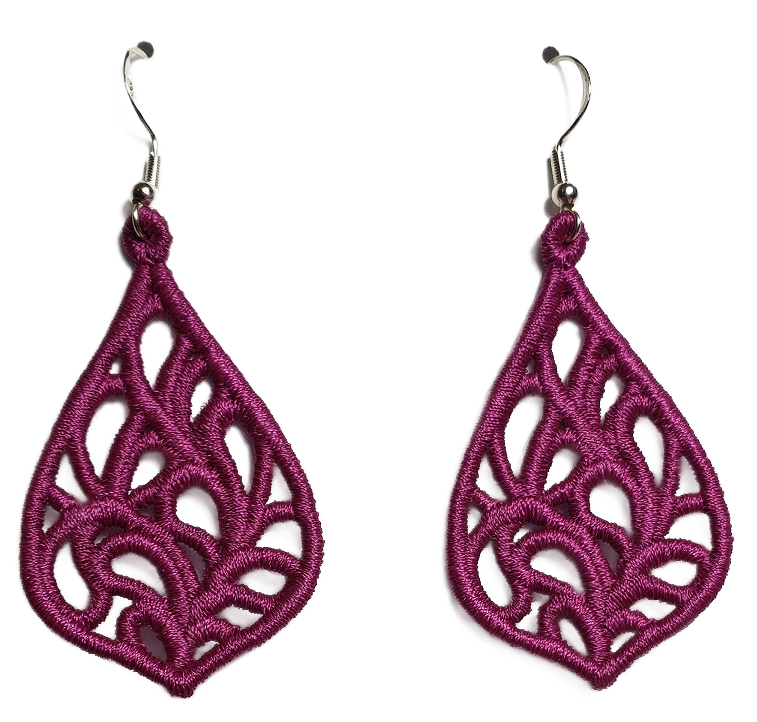 Lightweight Embroidered Exquisite Teardrop Lace Earrings in Peony. Available with Sterling Silver ear wires on a white background.