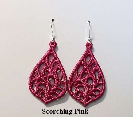 Lightweight Embroidered Exquisite Teardrop Lace Earrings in Scorching Pink. Available with Sterling Silver or Sterling Silver plates Stainless Steel ear wires.