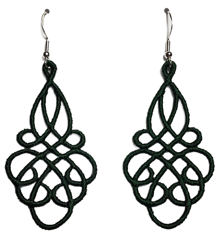 Lightweight Grace Embroidered Dangle Earrings in Swamp Green with sterling silver ear wires on a white and gold background image