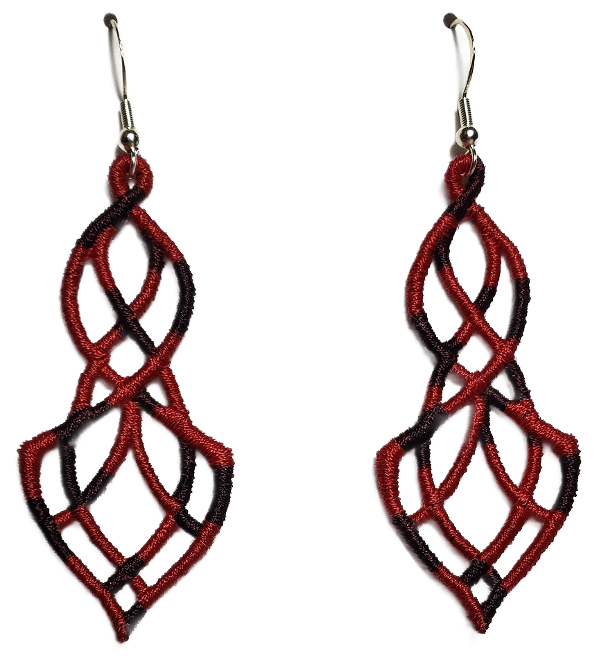 Lightweight Elegance Embroidered Dangle Earrings in Variegated Red and Black #V-001 with sterling silver ear wires on a white background