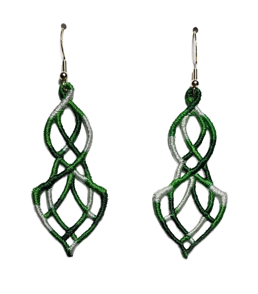 Lightweight Elegance Embroidered Dangle Earrings in Variegated Green and White #V-019 with sterling silver ear wires on a white background