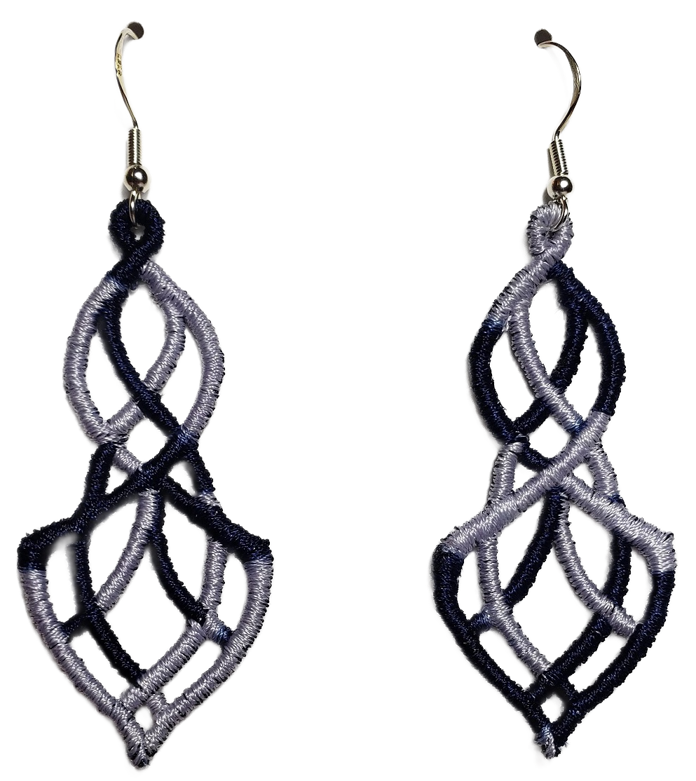 Lightweight Elegance Embroidered Dangle Earrings in Variegated Blue and White #V-037 with sterling silver ear wires on a white background