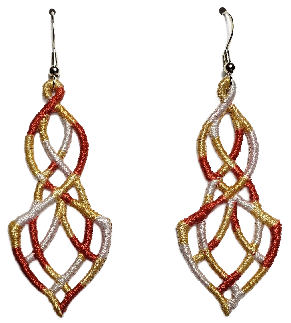 Lightweight Elegance Embroidered Dangle Earrings in Variegated Orange and Gold #V-043 with sterling silver ear wires on a white background