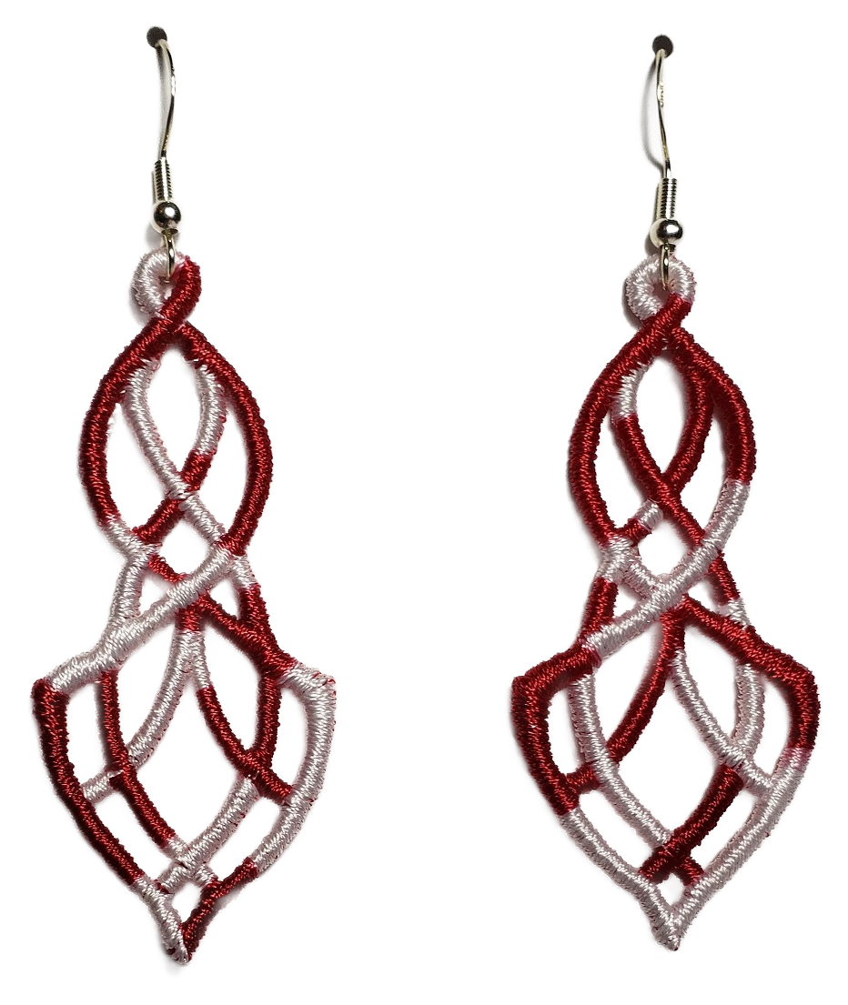 Lightweight Elegance Embroidered Dangle Earrings in Variegated Red and White #V-044 with sterling silver ear wires on a white background